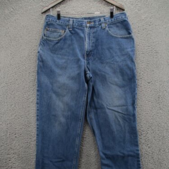 Carhartt Jeans Mens 34x30 Blue Denim Relaxed Fit Straight Work 381-83 Distressed - Picture 1 of 14